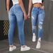 Summer 2027 Fashion Light Blue Jeans Women Cotton Mid Waist Comfortable Elasticity Distressed Design Broken Hole Washed Small Foot Denim Pants_ecoleips.com
