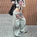 Retro Street Style Casual Pants for Women Loose Design Floor Length with Laces Print Hot Girl Fashion European And American Cross Border_ecoleips.com