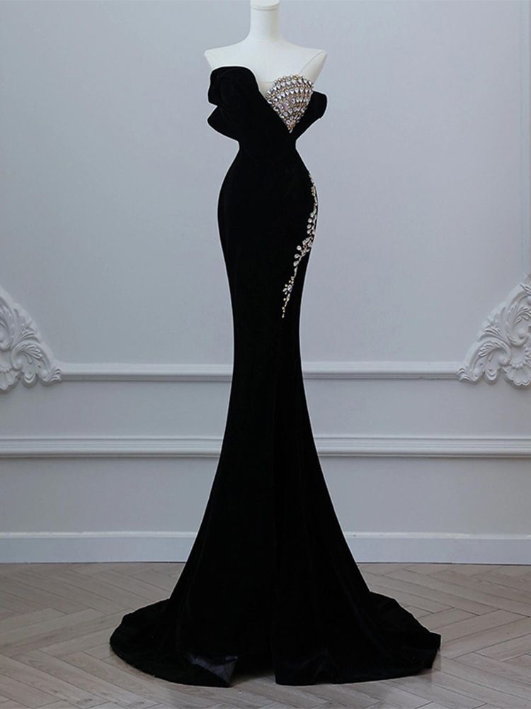 Elegant Black Strapless Mermaid Evening Dress With High Slit & Sequins For Prom, Banquet, Hosting, Runway Shows & Performances_ecoleips.com