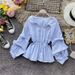 Women's Long Sleeve Fashion Shirt Hong Kong Style Puff Sleeves Slim Waist Ruffled Hem Short Striped Blouse Casual Elegant England Style_ecoleips.com