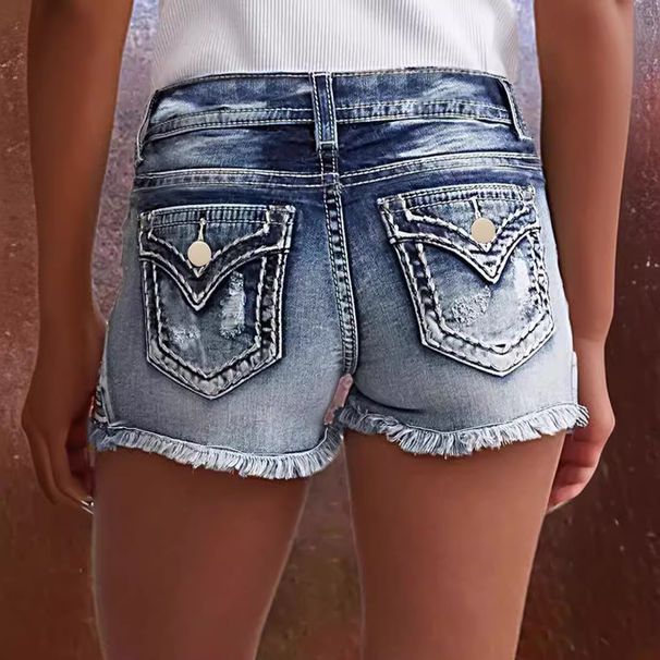 Women's Clothing Fashion Ins Elastic Patch Denim Embroidered Ripped Denim Shorts_ecoleips.com