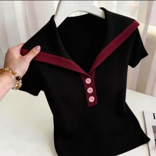 Women's Slim Fit Color Blocked Knit T-Shirt Navy Collar Short Sleeved Summer Top Plus Size New Style_ecoleips.com