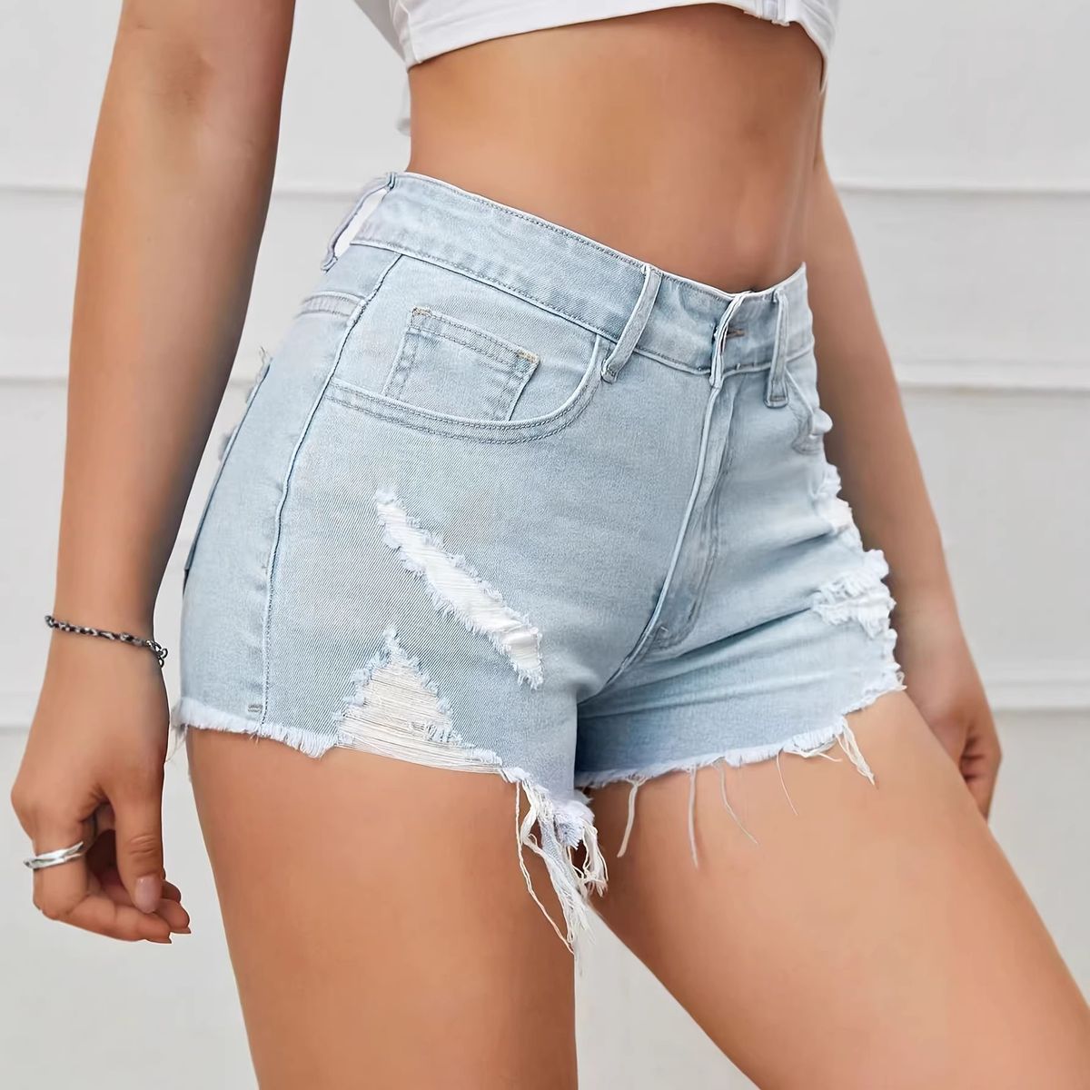 Light Blue Women's Ripped And Frayed Low Rise Denim Shorts Slimming Hot Pants Versatile Sexy Cross Border Exclusive Bottoms_ecoleips.com