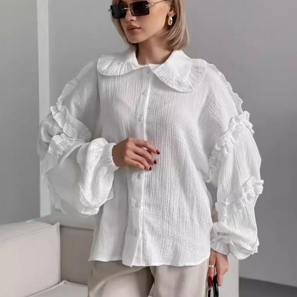French Style Design Lace Lantern Sleeve Loose Long Sleeve Shirt Fall Winter Fashion 100% Cotton Coat_ecoleips.com