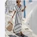Women's Clothing V Neck Dress Striped Pattern Pleated Sleeves Full Skirt Fashion Summer Vacation_ecoleips.com