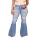 Light Blue Plus Size Stretch Ripped Jeans Wide Leg Flare Denim For Women Regular Thickness Solid Color England Style Fashion_ecoleips.com