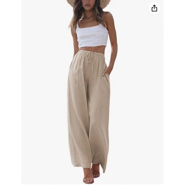 Plus Size Linen-Blend Wide Leg Pants With Drawstring Waist & Pockets - Comfortable Casual Trousers For Women_ecoleips.com