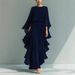 Women's Clothing Navy Blue Chiffon Top With Flared Sleeves Straight Leg Pants Set Ruffles_ecoleips.com