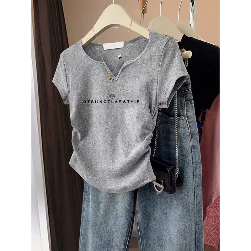 Women's V-Neck Short Sleeve T-Shirt – Slim Fit Pure Cotton Casual Top With Minimalist Letter Print_ecoleips.com