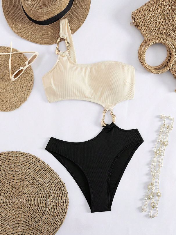 Women's One-Shoulder One-Piece Swimsuit – Sexy Cutout Design With Metallic Accents, High-Stretch Polyester Blend, White (Sizes S-Xl)_ecoleips.com