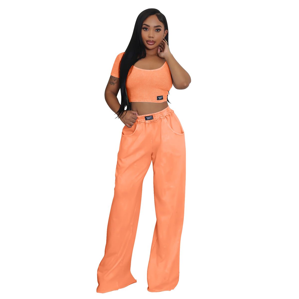 Women's Clothing Distressed Two Piece Suit Sexy Waist Revealing U Neck Wide Leg Suit_ecoleips.com
