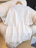 Korean Style Loose Plus Size Short Sleeve T-Shirt Round Neck Lace Splicing Pure Color Slimming Anti-Aging Versatile Women's Top_ecoleips.com
