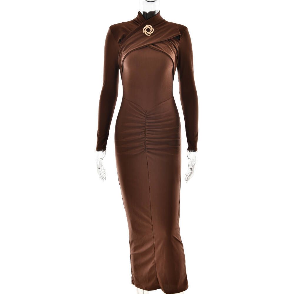 Women's Clothing Sexy Slim Pleated Hollow Long Sleeve Dress_ecoleips.com