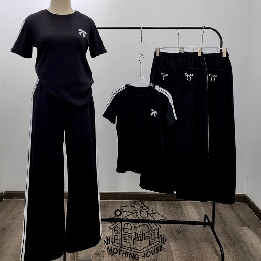 Women's Casual Suit Set Summer Loose Fit Bow Print Top Color Blocked Wide Leg Pants Two Piece Fashion Short Sleeved_ecoleips.com