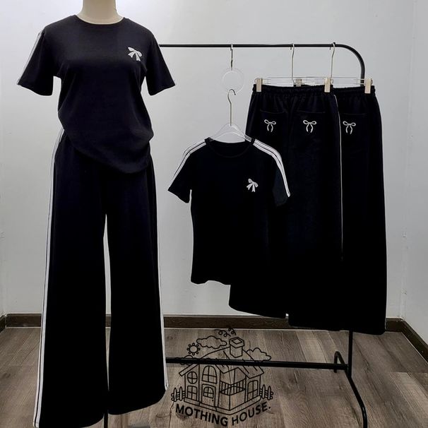 Women's Casual Suit Set Summer Loose Fit Bow Print Top Color Blocked Wide Leg Pants Two Piece Fashion Short Sleeved_ecoleips.com