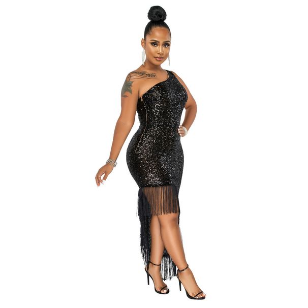 2022 European And American Cross-Border Fashion One-Shoulder Irregular Sequin Tassel Dress Women's Clothing_ecoleips.com