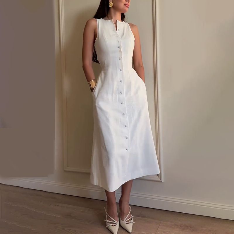 Women's Sleeveless Button Front A-Line Dress High Waist Summer Casual Elegant Wrap Dress Polyester Stretch Comfortable_ecoleips.com