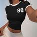 New American-style Spicy Girl Women's Clothing, Round-neck, Number 98 Print, Cropped Short-sleeve Pullover Top,_ecoleips.com