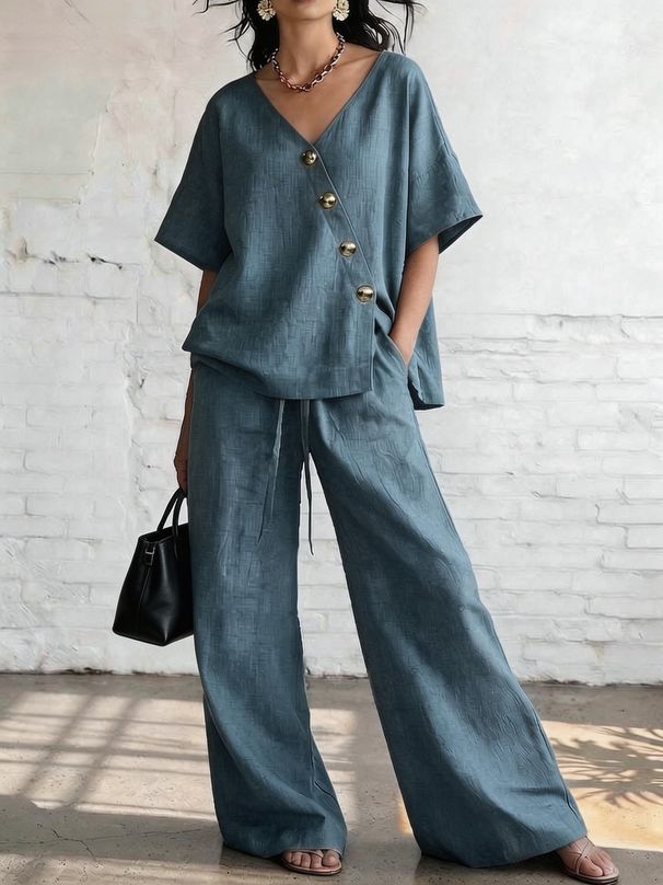 Women's Clothing Summer Casual Cotton Linen Two Piece Set V Neck Wide Leg Pants Style Loose Fit Vacation Wear_ecoleips.com