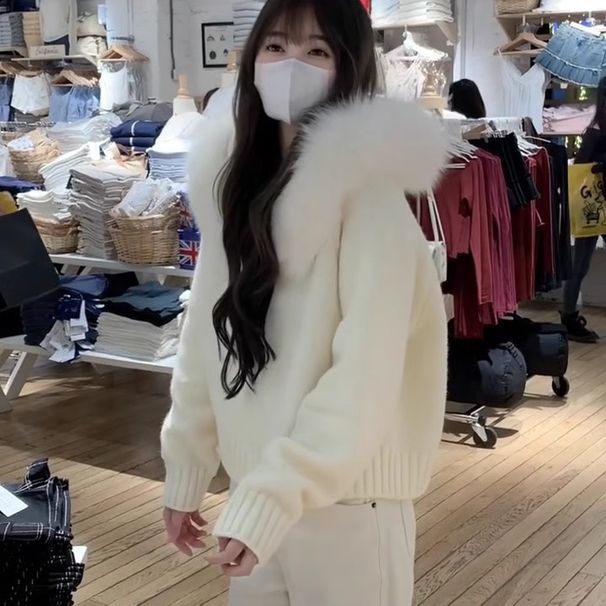 Women's Clothing Style All Match Large Fur Collar Hooded Zipper Lazy Style Sweater Cardigan Jacket Autumn And Winter High End Knitted Sweater Top_ecoleips.com