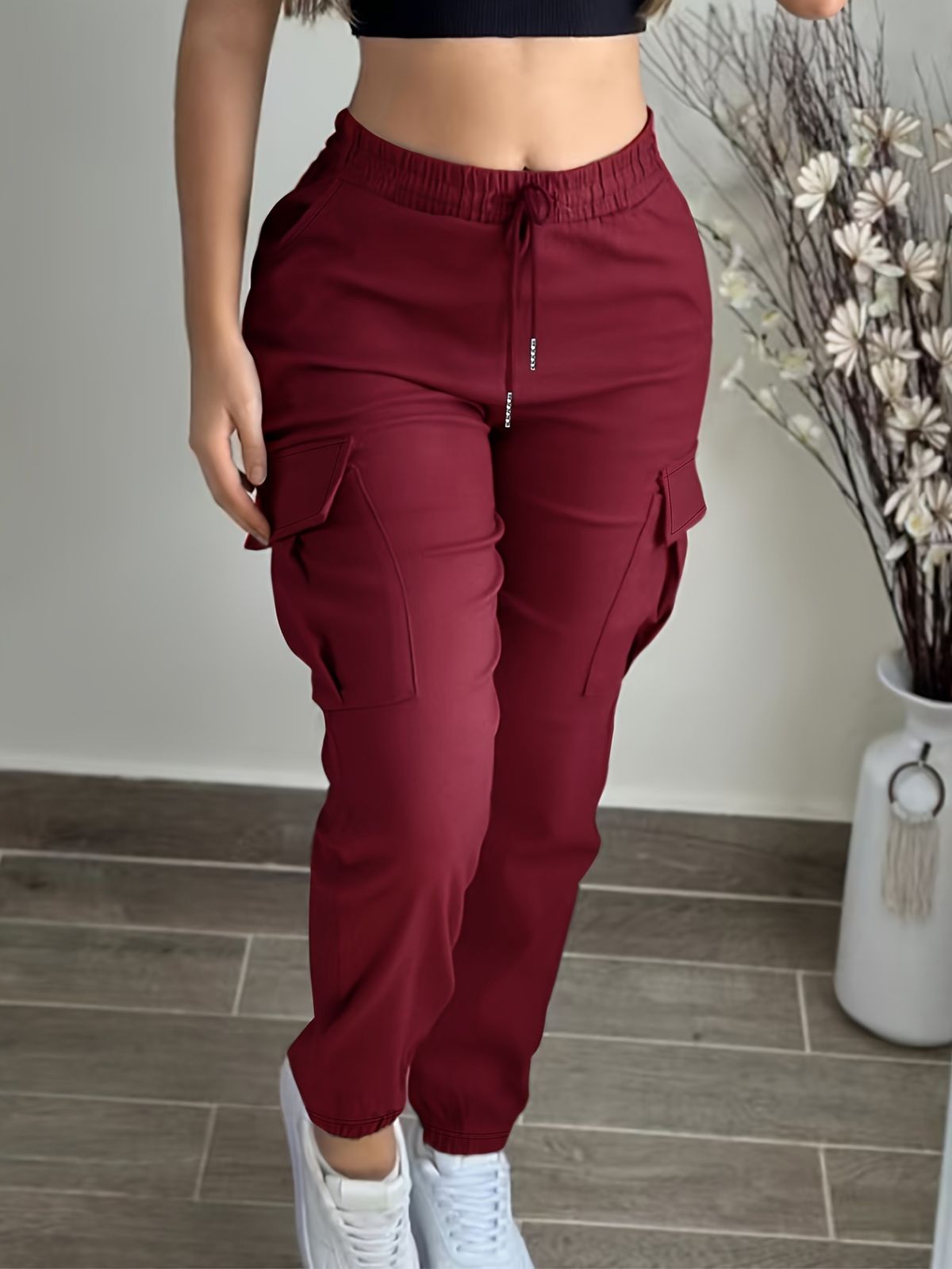 Women's Solid Color Cargo Pants Mid Waist Elastic Waist Drawstring Casual Fashion Polyester Bottoms_ecoleips.com