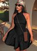 Blifanbo O-neck Sexy Elegant Mini Dress Women Lace-up Sleeveless Backless Summer High Waist Patchwork Pleated Club Party Dress_ecoleips.com