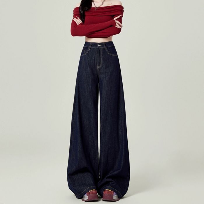 American-style Dark Blue Wide-leg Jeans Women, And Autumn 2026 New Model, High-waisted, Loose, Drapey, Floor-length_ecoleips.com