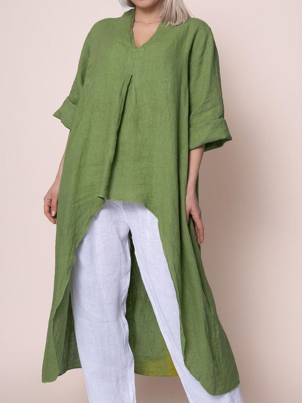Women's Solid Color V Neck Shirt Long Sleeved Cotton Linen European American Shorter In Front Longer In Back_ecoleips.com