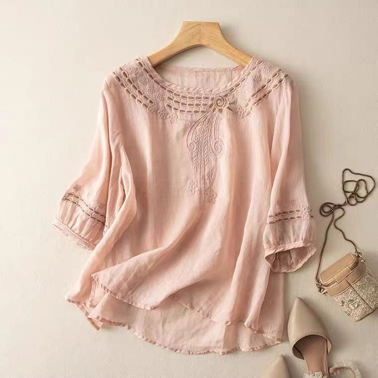 Women's Clothing High End Ramie And Linen Large Size Middle Aged Mother Summer Short Sleeved Shirt_ecoleips.com