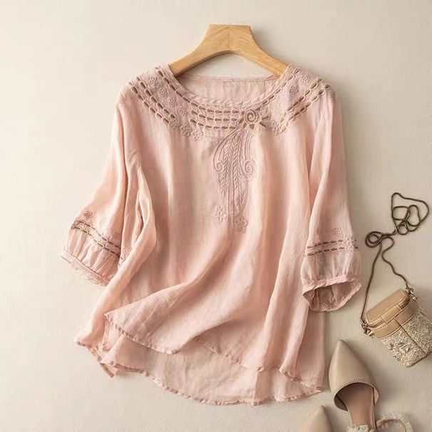 Women's Clothing High End Ramie And Linen Large Size Middle Aged Mother Summer Short Sleeved Shirt_ecoleips.com