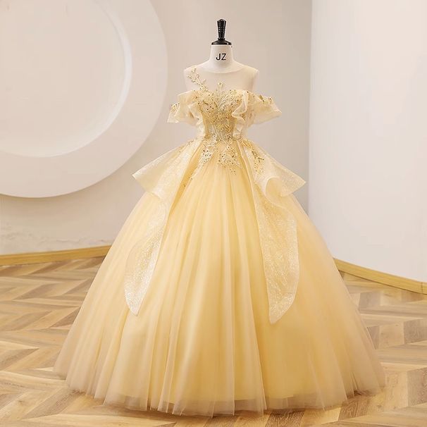 Women's Yellow Puffy Skirt Evening Dress - Yarn Knit Performance Gown For Vocal Exams & Solo Performances_ecoleips.com