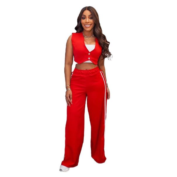 Women's Clothing Two Piece Sleeveless Short Top Casual Trousers Suit_ecoleips.com