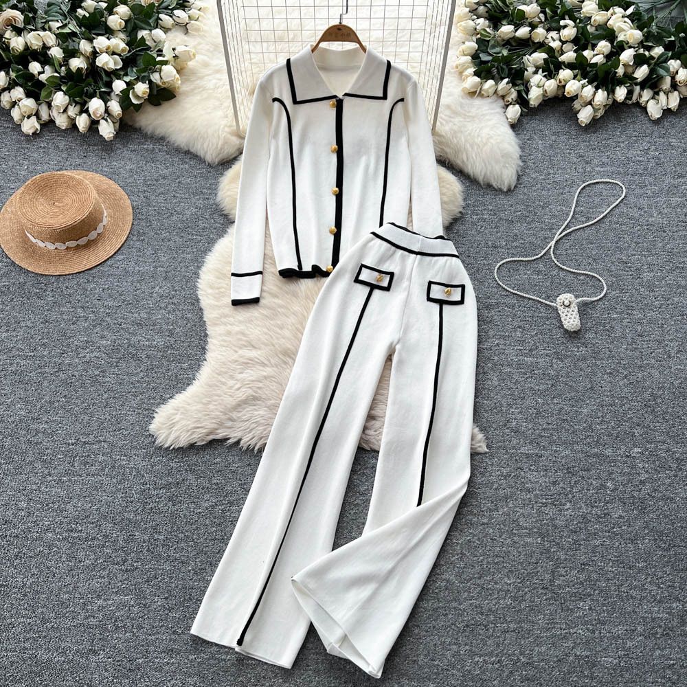 Sophisticated Two Piece Set With Color Block Metal Buckle Collar Long Sleeved Knit Top And High-Waisted Wide-Leg Straight-Leg Pants_ecoleips.com