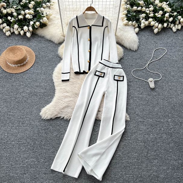Sophisticated Two Piece Set With Color Block Metal Buckle Collar Long Sleeved Knit Top And High-Waisted Wide-Leg Straight-Leg Pants_ecoleips.com