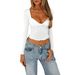 Voya Women's Sexy Pure Desire Style T-shirt, Spring And Summer Slim-fit Solid Color Short Crop Long-sleeved Top_ecoleips.com