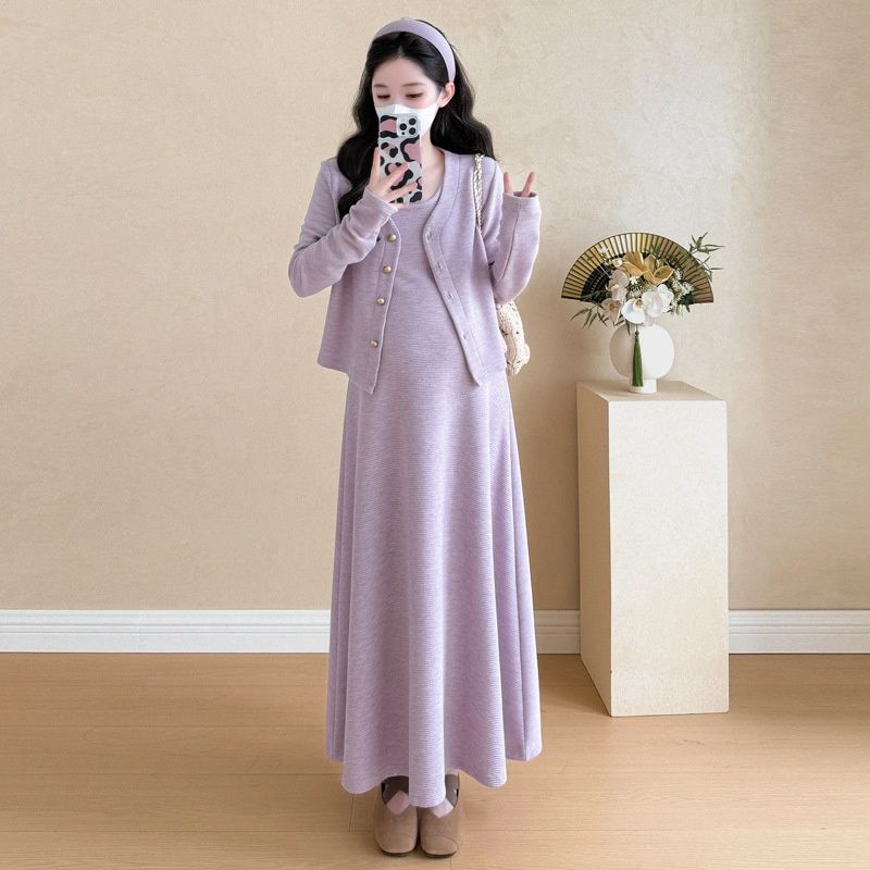 Autumn New Korean Fashion Waffle Two-Piece Maternity Dress_ecoleips.com