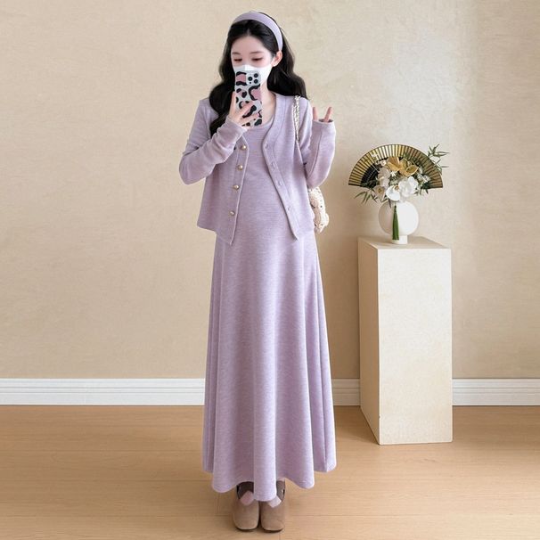 Autumn New Korean Fashion Waffle Two-Piece Maternity Dress_ecoleips.com