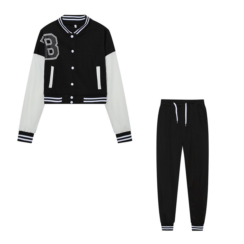Women's Letter Color Block Jacket Single Breasted Thickened Sports Suit_ecoleips.com