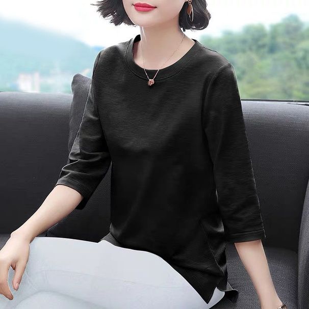 Solid-Color T-Shirt With Seven-Quarter Sleeves, Designed In A Korean Style For Women; Available In Large Sizes. Suitable_ecoleips.com