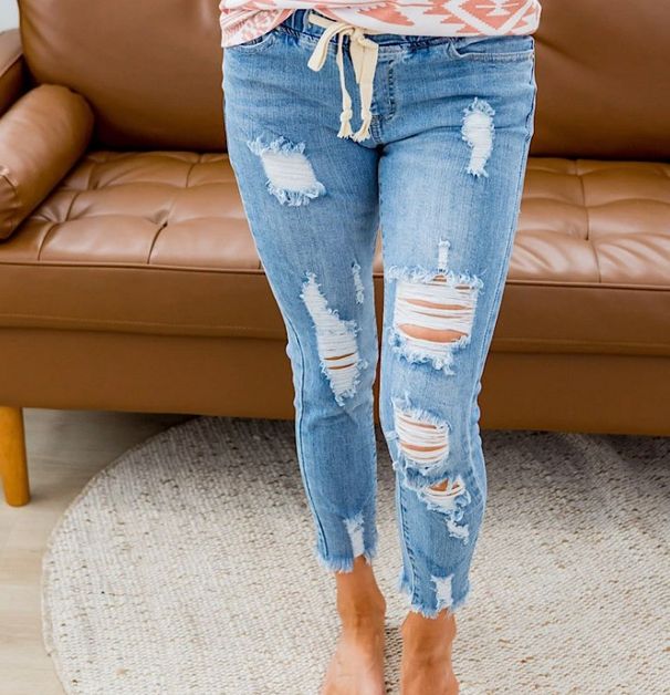 Women's Clothing High Waist Ripped Elastic Waist Jeans_ecoleips.com
