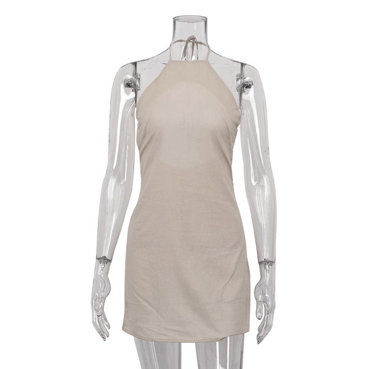 Women's Clothing Summer New Arrival Women's Cotton And Linen Dress European And American Style Sexy Backless Design Halter Neck Tie A Line Skirt_ecoleips.com