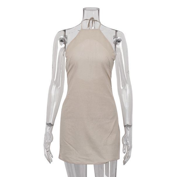 Women's Clothing Summer New Arrival Women's Cotton And Linen Dress European And American Style Sexy Backless Design Halter Neck Tie A Line Skirt_ecoleips.com