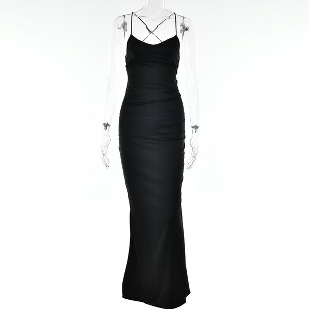 Women's cross-border sexy strappy satin dress fall new fashion backless strappy waistband long skirt_ecoleips.com