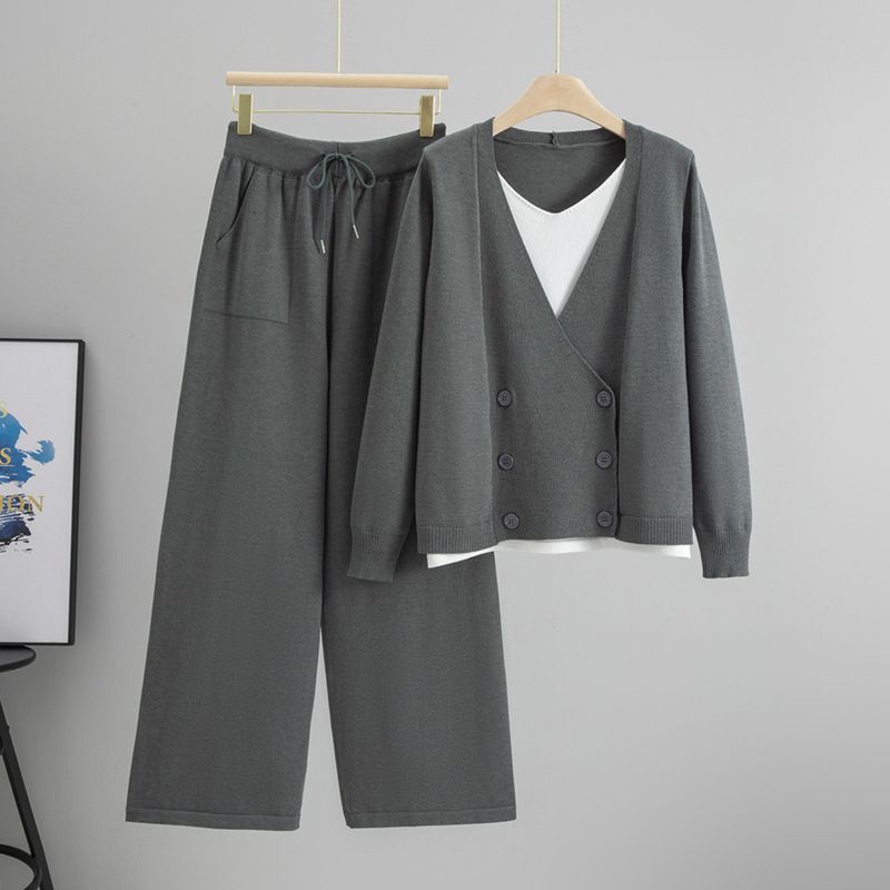 Women’s Knit Sweater & Wide-Leg Pants Set – Oversized Cardigan & High-Waisted Trousers – Color-Blocked Office-to-Weekend Coord (Khaki/Black/Gray)_ecoleips.com