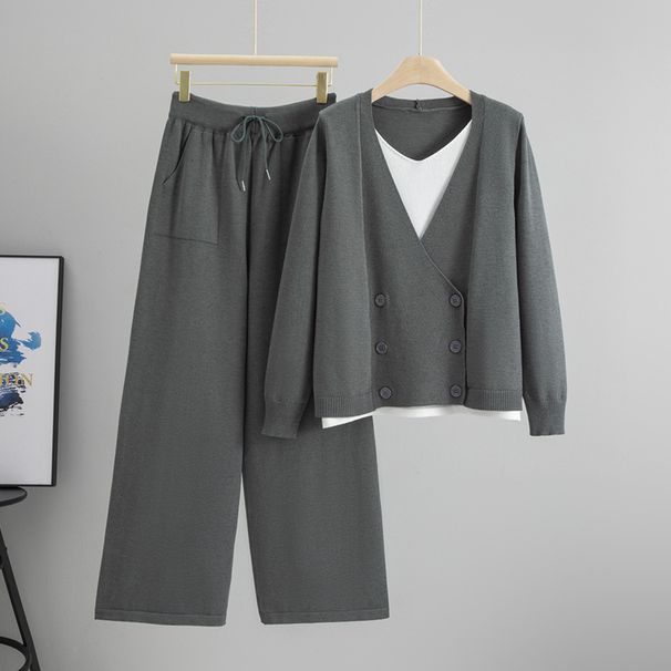 Women’s Knit Sweater & Wide-Leg Pants Set – Oversized Cardigan & High-Waisted Trousers – Color-Blocked Office-to-Weekend Coord (Khaki/Black/Gray)_ecoleips.com
