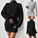 Ribbed High Neck Bodycon Dress – Long Sleeve Slim Fit Knit Dress In Black & Heather Gray_ecoleips.com