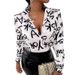 Large-Size Fashionable And Elegant T-Shirt With Letter-Painted Color Printing, Buttoned Collar, Open-Front Long-Sleeve K_ecoleips.com