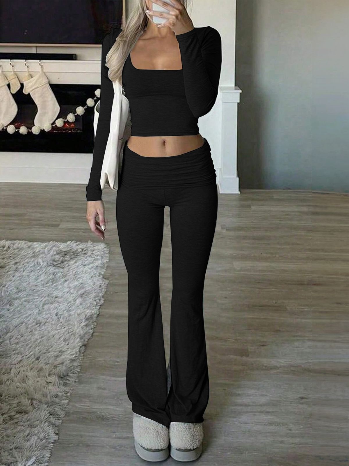 Women's Ribbed Knit Tracksuit Set Long Sleeve Square Neck Top And Jogger Pants Casual Loungewear Outfit_ecoleips.com