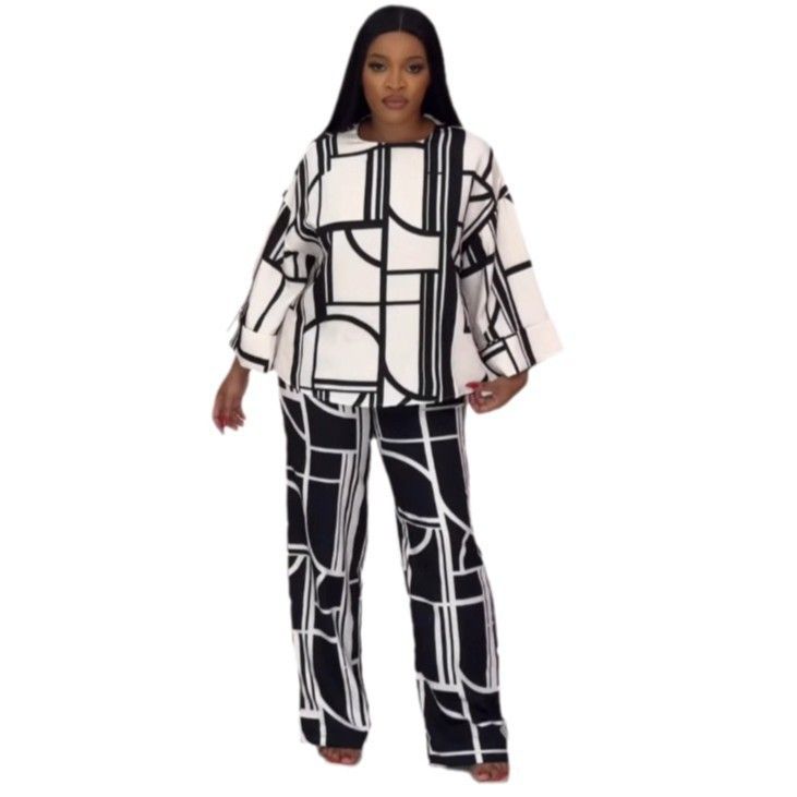 Women's Clothing Printed Round Neck Long Sleeve Straight Pants Loose Two Piece Suit_ecoleips.com