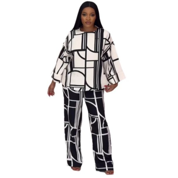 Women's Clothing Printed Round Neck Long Sleeve Straight Pants Loose Two Piece Suit_ecoleips.com